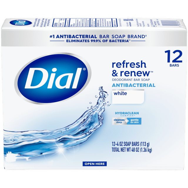 Dial Antibacterial Bar Soap, Refresh and Renew, White, 4 oz, 12 Bars