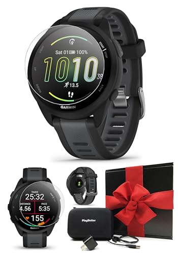 PlayBetter Garmin Forerunner 165 (Black/Slate Gray) Running GPS Watch Gift Box Bundle - AMOLED Touchscreen, 11-Day Battery, Training and Recovery - Includes HD Screen Protectors, Wall Adapter and Case