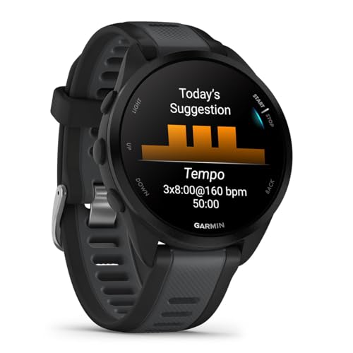 PlayBetter Garmin Forerunner 165 (Black/Slate Gray) Running GPS Watch Gift Box Bundle - AMOLED Touchscreen, 11-Day Battery, Training and Recovery - Includes HD Screen Protectors, Wall Adapter and Case