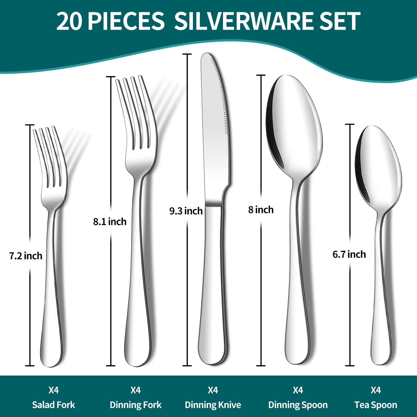 20 Piece Heavy Duty Silverware Set, ENLOY Stainless Steel Solid Flatware Cutlery for 4, Modern and Elegant Design, High Quality Gift
