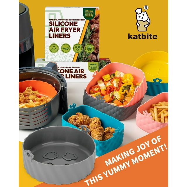 8 inches Air Fryer Silicone Pot, Katbite 2 Pack Air Fryer Silicone Liners Kitchen Reusable Baking Basket
