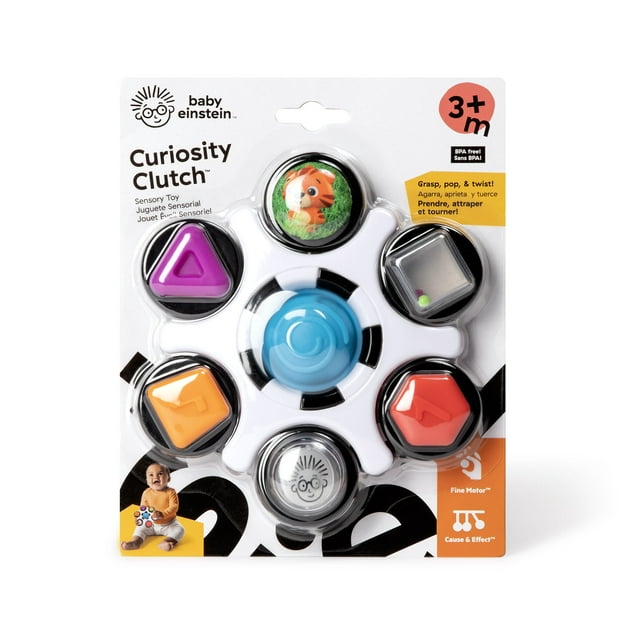 Baby Einstein Curiosity Clutch Twist and Pop Rattle Teether Infant Toy for Discovering Textures, Colors, Shapes, 3 Months+