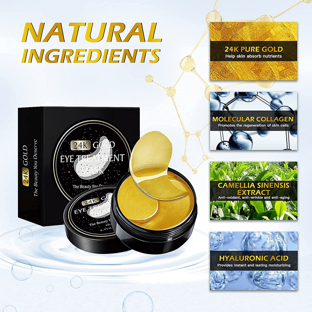 24K Gold Eye Mask, 30 Pairs Collagen Under Eye Patches, Eye Treatment Mask, Under Eye Bags Treatment, Under Eye Masks for Puffy Eyes, Anti-Aging,Anti-Wrinkle and Fine Lines, Under eye Dark Circles