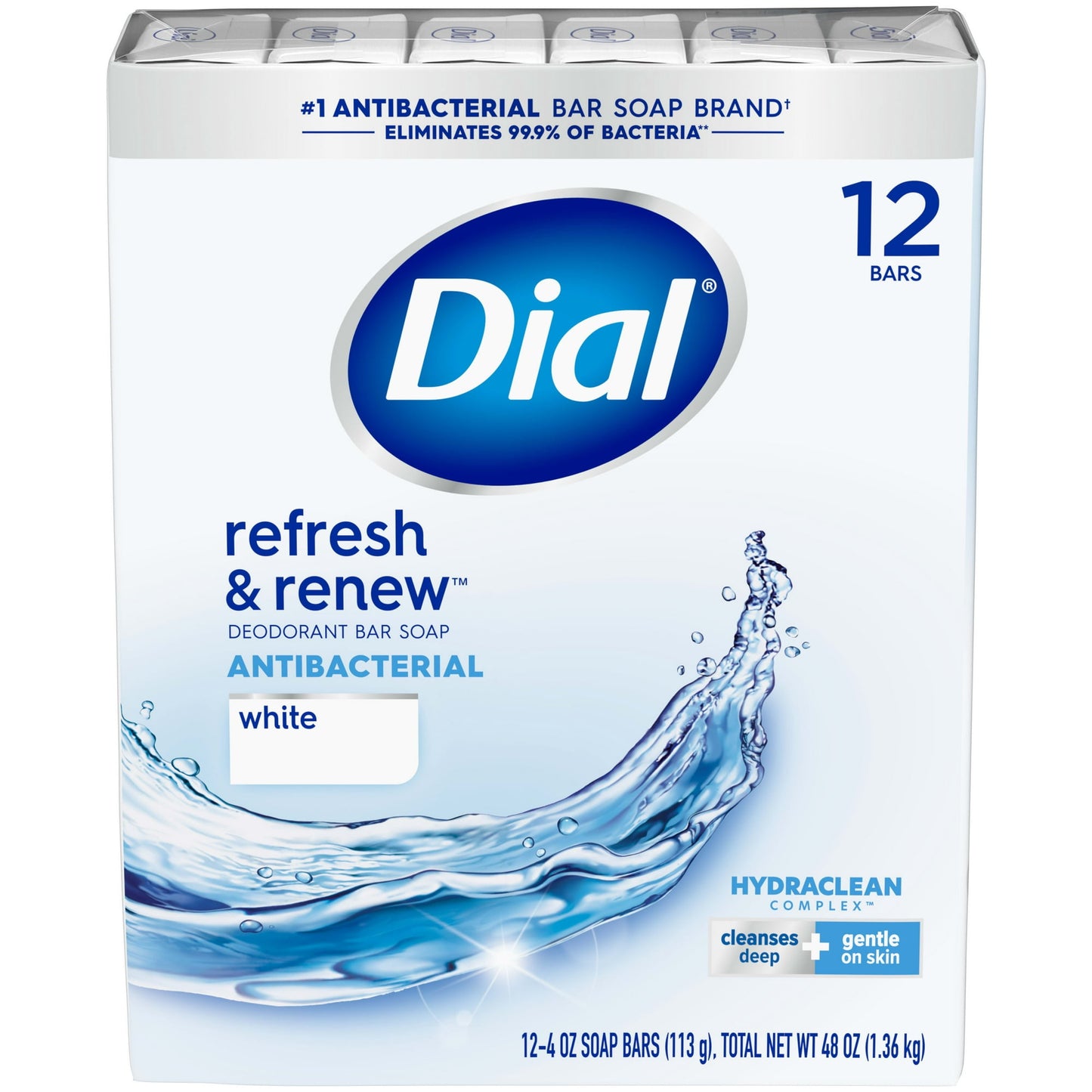 Dial Antibacterial Bar Soap, Refresh and Renew, White, 4 oz, 12 Bars