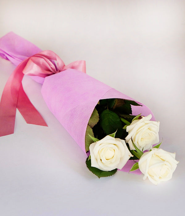 Pure White - Three Long Stem Pure White Roses