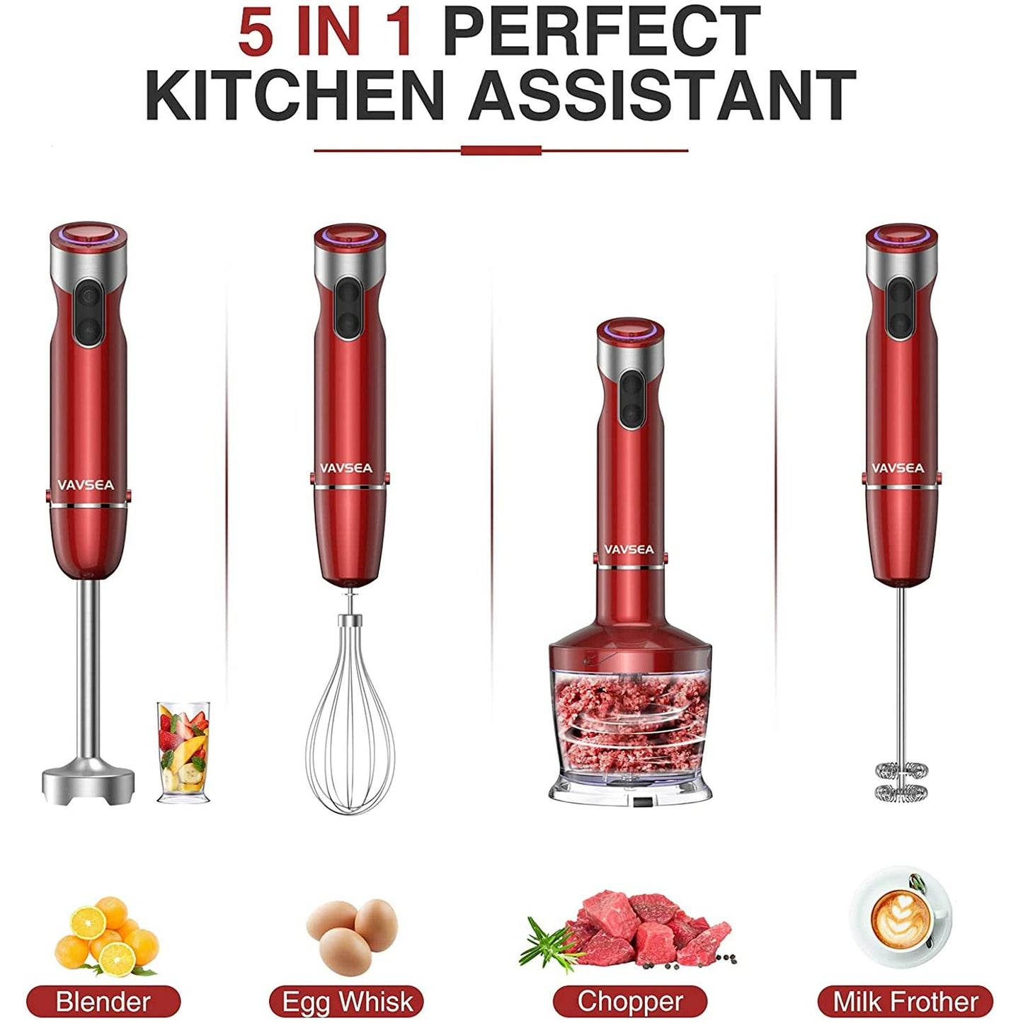 VAVSEA 1000W 5-in-1 Immersion hand Blender, 12 Speed Stick Blender with Mixing Beaker (22oz) 304 Stainless Steel with Chopper Bowl, Milk Frother, Egg Whisk, 600ml Beaker