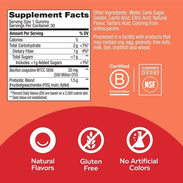 OLLY Probiotic + Prebiotic Gummy, Digestive + Gut Health Supplement, Peach, 30 Ct