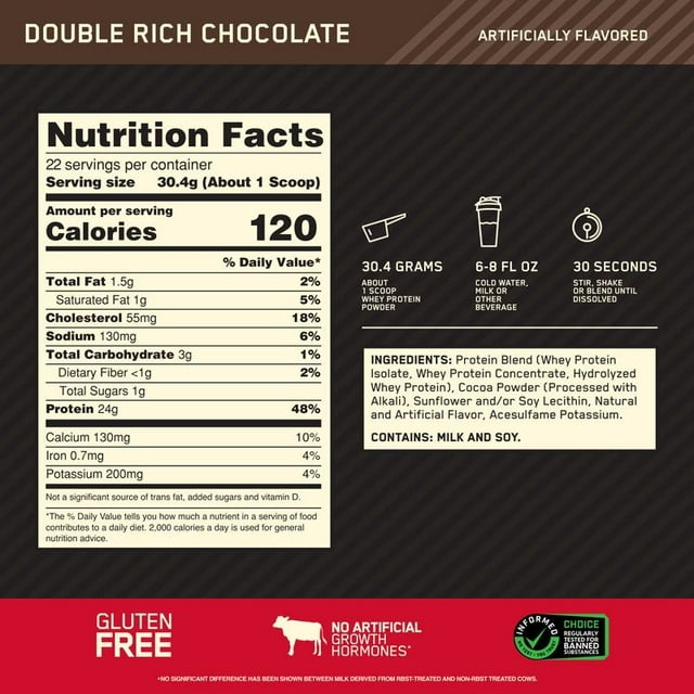 Optimum Nutrition Gold Standard 100% Whey, Double Rich Chocolate, Protein Powder, 22 Servings