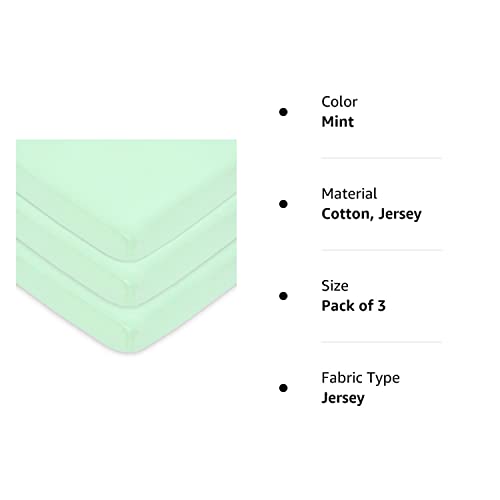American Baby Company 100% Natural Cotton Value Jersey Knit Fitted Portable/Mini-Crib Sheet, Mint, 24' x 38' x 5', Soft Breathable, for Boys and Girls, Pack of 3
