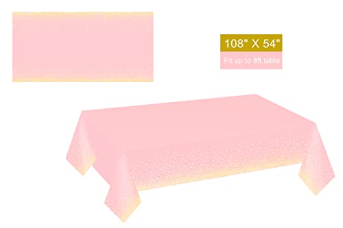 Gexolenu 2 Pack Premium Pink and Gold Disposable Plastic Tablecloth for Rectangle Tables(54' x 108'), Disposable Waterproof Table Cover for Birthday, Graduation, Gold Table Cloths Party Supplies