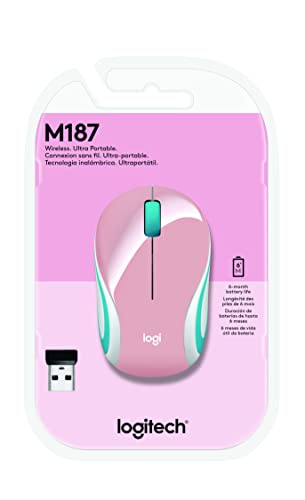 Logitech Wireless Mini Mouse M187 Ultra Portable, 1000 DPI Optical Tracking, 3-Buttons, PC/Mac/Laptop - Blossom
