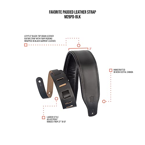 Levy's Leathers 3' Wide Leather Guitar Strap with Foam Padding and Garment Leather Backing; Black (M26PD-BLK)