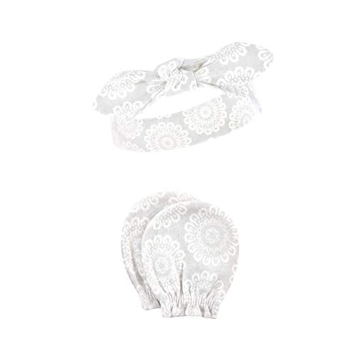 Hudson Baby Infant Girl Cotton Headband and Scratch Mitten Set Lace Medallion, 0-6 Months