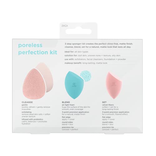 Real Techniques Sponge+ Beauty Makeup Blenders, Poreless Perfection Kit, for Facial Cleanser, Foundation, and Setting Powder, Probiotic Infused, For Natural and Matte Finish, 3 Piece Kit