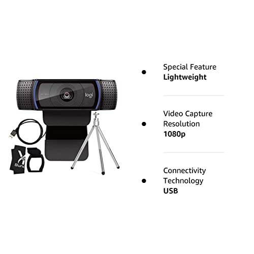 Logitech Webcam C920 HD Pro Bundle with Tripod, Privacy Shutter and Cleaning Cloth - Privacy Cover Computer Webcam Microphone - 1080p Streaming Wide Angle Video Camera - 1080P Desktop Web Camera