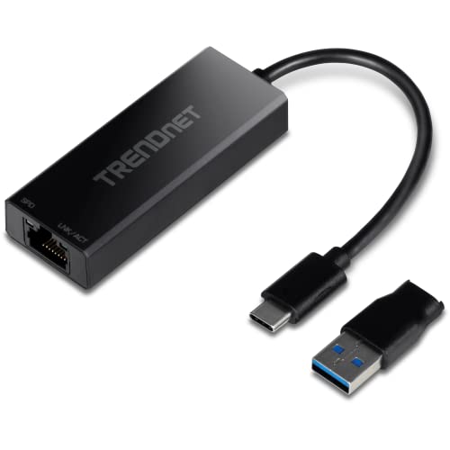 TRENDnet 2.5G USB-C to RJ-45 Ethernet Adapter, 2-in-1 Adapter Compatible with USB C/Thunderbolt 3 or USB 3.1, Windows Compatible, USB-C to USB-A Adapter Included, Black, TUC-ET2G