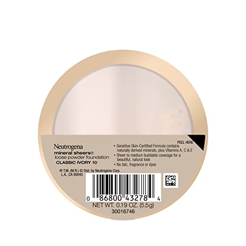 Neutrogena Mineral Sheers Lightweight Loose Powder Makeup Foundation with Vitamins A, C, and E, Sheer to Medium Buildable Coverage, Skin Tone Enhancer, Face Redness Reducer, Classic Ivory 10.19 oz