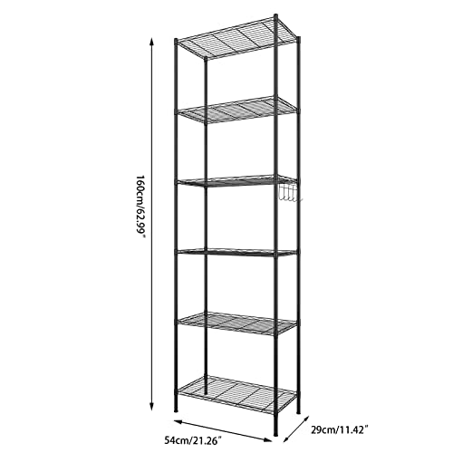 Homdox 6-Tier Storage Shelf Wire Shelving Unit Free Standing Rack Organization Adjustable Leveling Feet, Stainless Side Hooks, Black