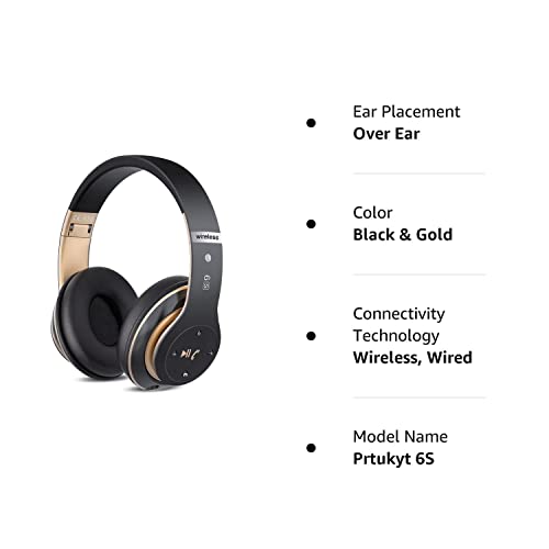 Prtukyt 6S Wireless Bluetooth Headphones Over Ear, Hi-Fi Stereo Foldable Wireless Stereo Headsets Earbuds with Built-in Mic, Volume Control, FM for Phone/PC (Black and Gold)