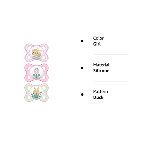 MAM Original Baby Pacifier, Nipple Shape Helps Promote Healthy Oral Development, Curved Shield to Protect Skin, 3 Pack, 0-6 Months, Clear/Girl