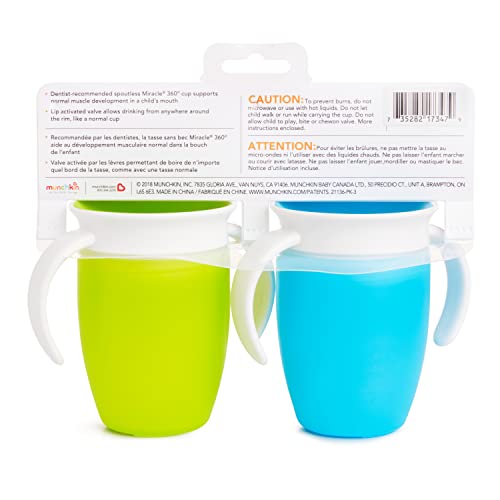Munchkin® Miracle® 360 Trainer Cup, 7 Ounce, 2 Pack, Green/Blue