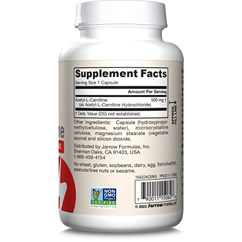 Jarrow Formulas Acetyl L-Carnitine 500 mg - Antioxidant Protection for the Brain - Supports Energy Production and Metabolism - Heart and Cardiovascular Health - 120 Veggie Capsules (PACKAGING MAY VARY)