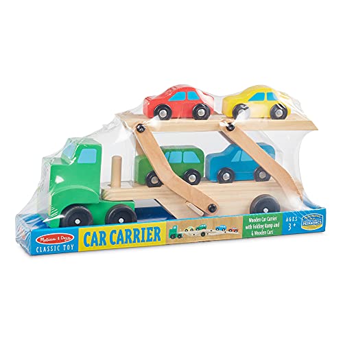 Melissa and Doug Car Carrier Truck and Cars Wooden Toy Set With 1 Truck and 4 Cars - Wooden Cars, Vehicle Toys, Push And Go Wooden Trucks For Toddlers And Kids Ages 3+