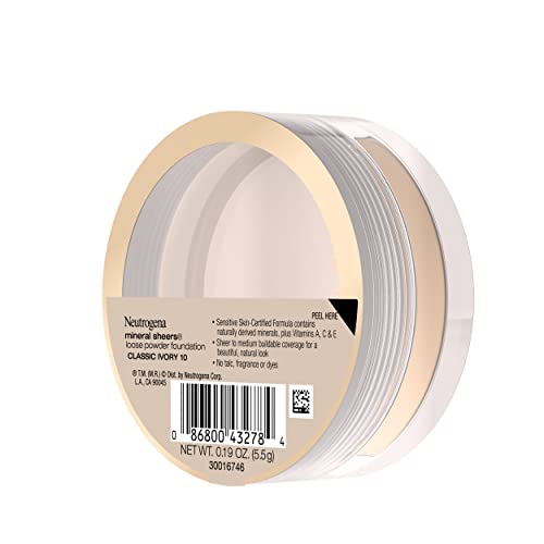 Neutrogena Mineral Sheers Lightweight Loose Powder Makeup Foundation with Vitamins A, C, and E, Sheer to Medium Buildable Coverage, Skin Tone Enhancer, Face Redness Reducer, Classic Ivory 10.19 oz
