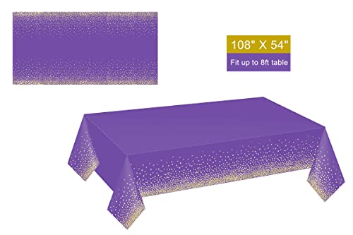 Gexolenu 2 Pack Premium Purple and Gold Disposable Plastic Tablecloth for Rectangle Tables(54' x 108'), Disposable Waterproof Table Cover for Birthday, Graduation, Gold Table Cloths Party Supplies