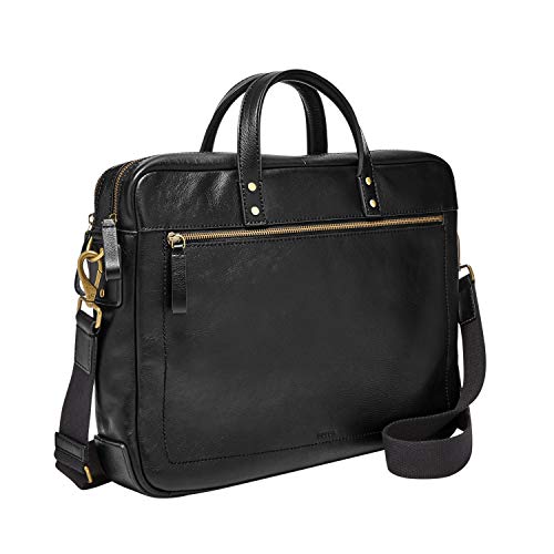 Fossil Men's Haskell Leather Double Zip Briefcase Messenger Device Bag, Black , (Model: MBG9342001)