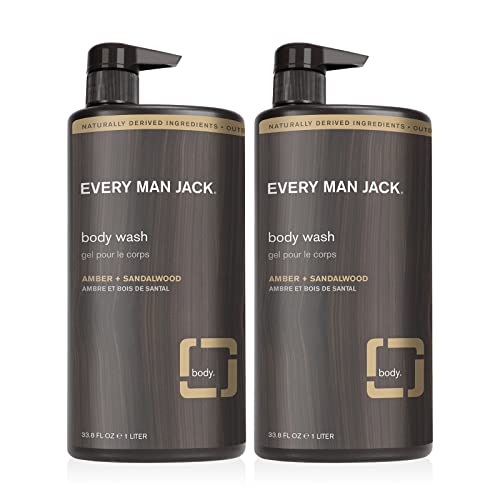Every Man Jack Nourishing Amber + Sandalwood Mens Body Wash for All Skin Types - Cleanse, Nourish, and Hydrate Skin with Naturally Derived Coconut, Glycerin - 2 Bottles