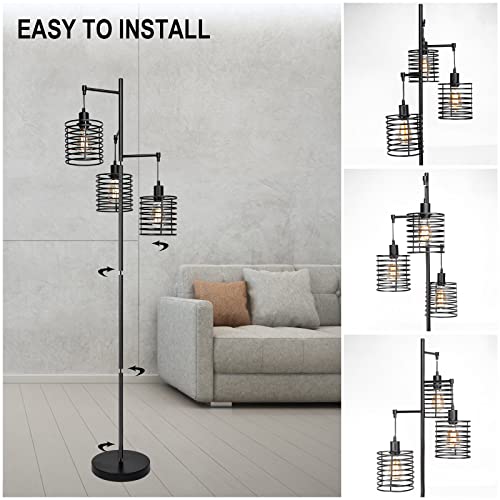 FIRVRE Modern Industrial Floor Lamp Black 3 Light Bright Vintage Pole Light Farmhouse Rustic Standing Tree Lamp with Elegant Cage Heads Tall Lamps for Living Room Bedroom Office Dining Room