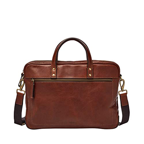 Fossil Men's Haskell Leather Single Zip Briefcase Messenger Device Bag, Cognac , (Model: MBG9343222)