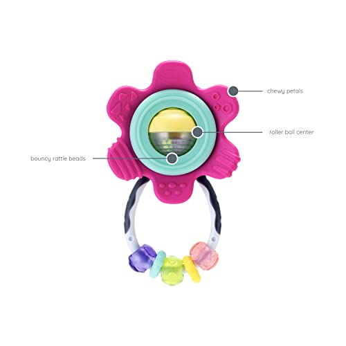 Infantino Spin and Teethe Gummy Pink Flower Rattle - Easy to Grab, Chewy Rings, Multi-Texutre Petals, Roller Ball Center - Teething and Sensory Play, Ages 0 Months +