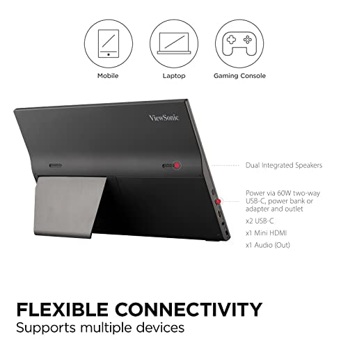 ViewSonic VA1655 15.6 Inch 1080p Portable IPS Monitor with Mobile Ergonomics, USB C, Mini HDMI and a Protective Case for Home and Office