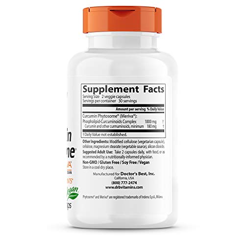 Doctor's Best Curcumin Phytosome with Meriva, Non-GMO, Vegan, Gluten Free, Soy Free, Joint Support, 500 mg 60 Veggie Caps