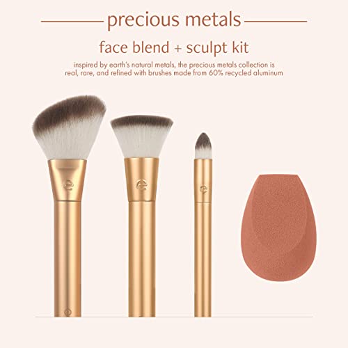 EcoTools Precious Metals Face Blend and Sculpt Set, Makeup Brush Kit, Foundation Brush, Ecofriendly Makeup Brush Kit, Recycled Aluminum, Chrome, Precision, 4 Piece Set