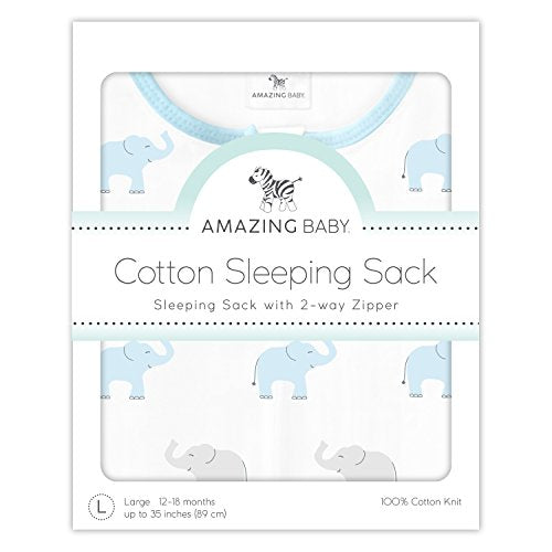 Amazing Baby Cotton Sleeping Sack, Wearable Blanket with 2-way Zipper, Pastel Blue + Gray Tiny Elephants, Large (12-18mo)