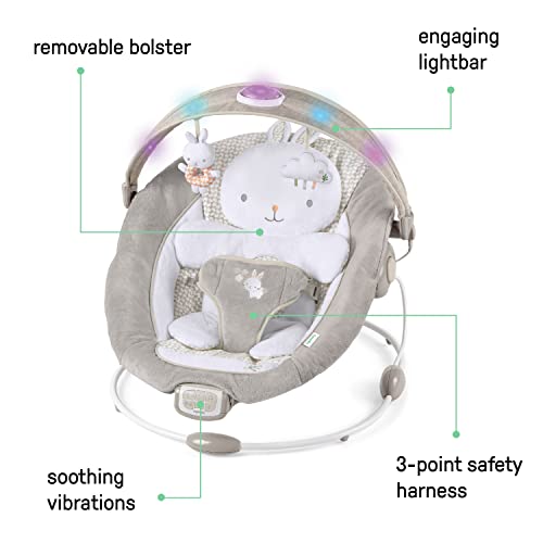 Ingenuity InLighten Baby Bouncer Infant Seat with Light Up Toy Bar, Vibrations, Tummy Time Pillow and Sounds, 0-6 Months Up to 20 lbs (Twinkle Tails Bunny)