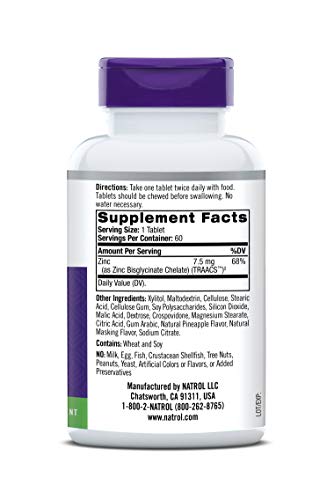 Natrol High Absorption Zinc, Supports Immune Health and Cellular Metabolism with AbsorbSmart™ Technology, Pineapple Flavor, Chewable Tablets, 60 Count