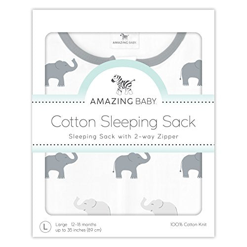 Amazing Baby Cotton Sleeping Sack, Wearable Blanket with 2-way Zipper, Sterling Tiny Elephants, Medium (6-12 mo)