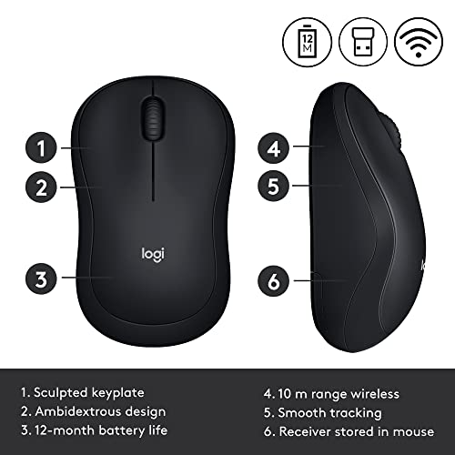 Logitech M185 Wireless Mouse, 2.4GHz with USB Mini Receiver, 12-Month Battery Life, 1000 DPI Optical Tracking, Ambidextrous, Compatible with PC, Mac, Laptop - Black