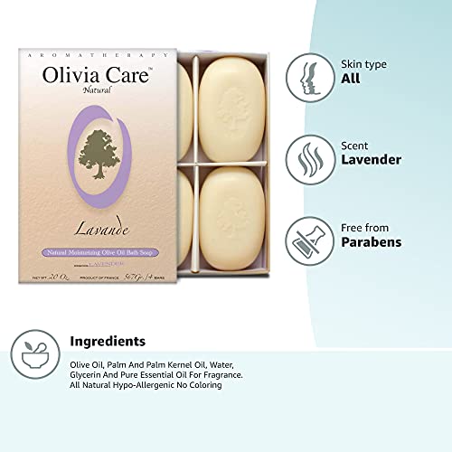 Olivia Care Lavender Bar Soap-4 pack box set - 100% Natural Ingredients, Organic, Vegan - For Face and Body, Cold-pressed Triple-Milled, Hydrating, Moisturizing, Infused Calcium and Vitamins - 4 X 5 oz