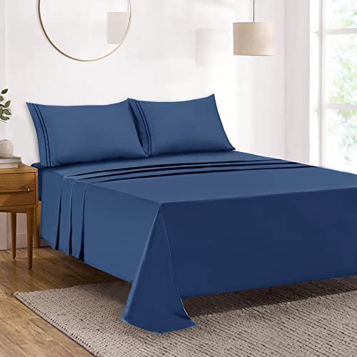 Mejoroom Queen Size Sheet Set - Hotel Luxury 1800 Bedding Sheets and Pillowcases - Deep Pocket Fitted Sheet, Hypoallergenic, Wrinkleand Breathable, Fade Resistant - 4 Piece (Queen, Navy)