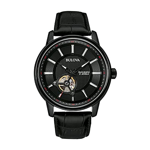 Bulova Men's Classic 3-Hand Automatic Leather Strap Watch, 21-jewels, Hack Feature, Luminous Hands and Markers,Open Aperture and Exhibition Case Back
