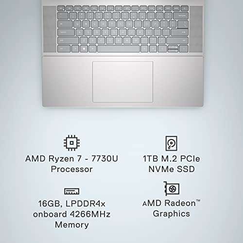 Dell Inspiron 16 5635 Laptop - QHD, 16 inch, AMD Ryzen 7-7730U Processor, 16GB LPDDR4x RAM, 1TB SSD, AMD Radeon Graphics, Windows 11 Home, 1 Year Premium Support - Platinum Silver