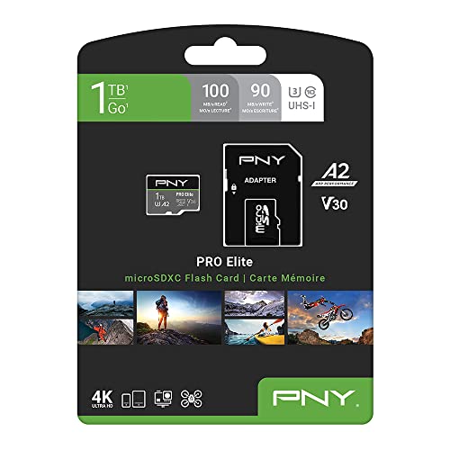 PNY 1TB PRO Elite Class 10 U3 V30 microSDXC Flash Memory Card - 100MB/s, Class 10, U3, V30, A2, 4K UHD, Full HD, UHS-I, micro SD
