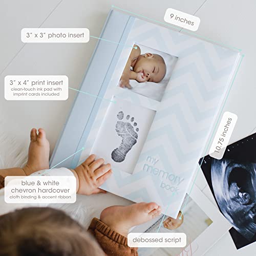 Pearhead First 5 Years Chevron Baby Memory Book with Clean-Touch Baby Safe Ink Pad to Make Baby's Hand or Footprint Included, Blue