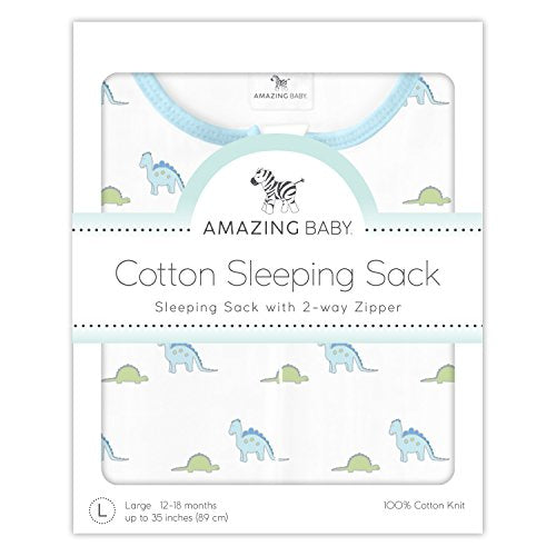 Amazing Baby Cotton Sleeping Sack, Wearable Blanket with 2-way Zipper, Pastel Blue Tiny Dinos, Small (0-6 mo)