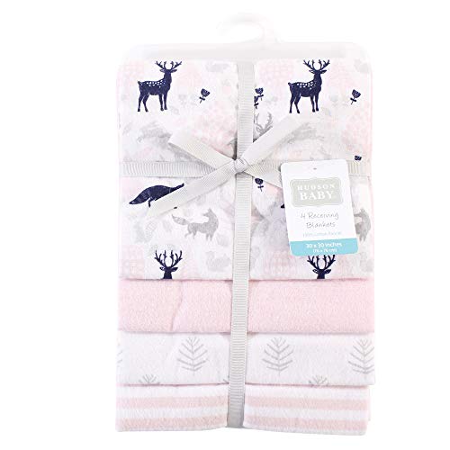 Hudson Baby Unisex Baby Cotton Flannel Receiving Blankets, Linocut Woodland Girl, One Size